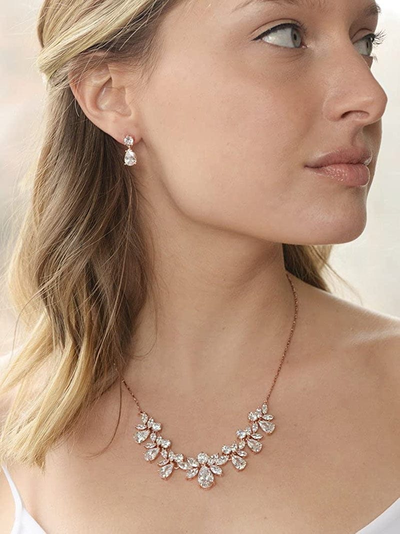 Rose Gold Multi-Shaped Cubic Zirconia Necklace & Earring Wedding Jewelry Set for Women and Brides