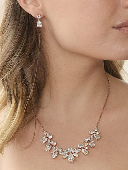 Rose Gold Multi-Shaped Cubic Zirconia Necklace & Earring Wedding Jewelry Set for Women and Brides