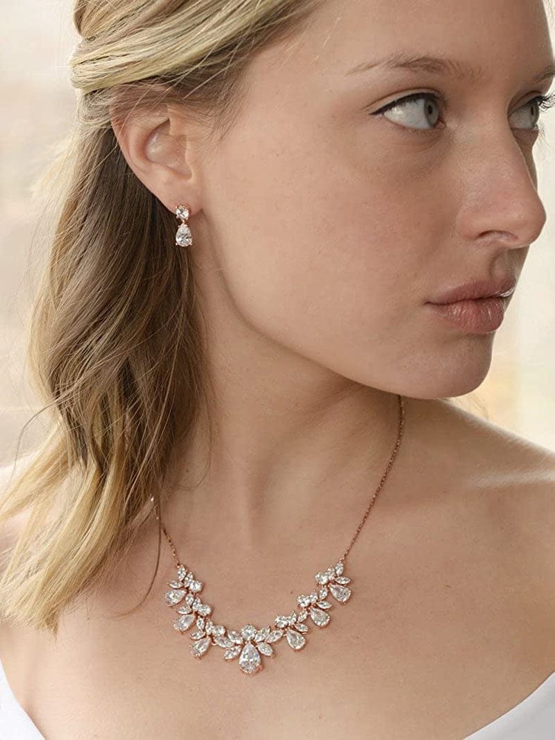 Rose Gold Multi-Shaped Cubic Zirconia Necklace & Earring Wedding Jewelry Set for Women and Brides
