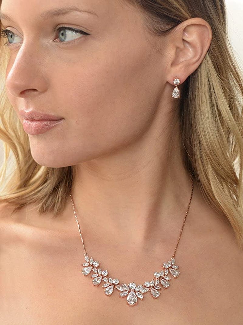 Rose Gold Multi-Shaped Cubic Zirconia Necklace & Earring Wedding Jewelry Set for Women and Brides