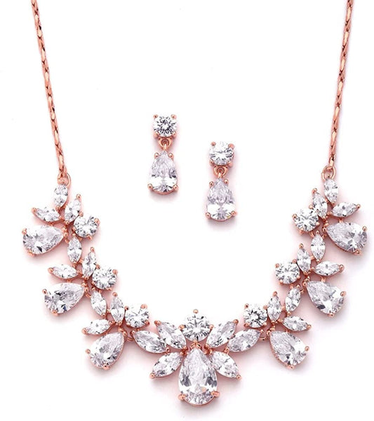 Rose Gold Multi-Shaped Cubic Zirconia Necklace & Earring Wedding Jewelry Set for Women and Brides