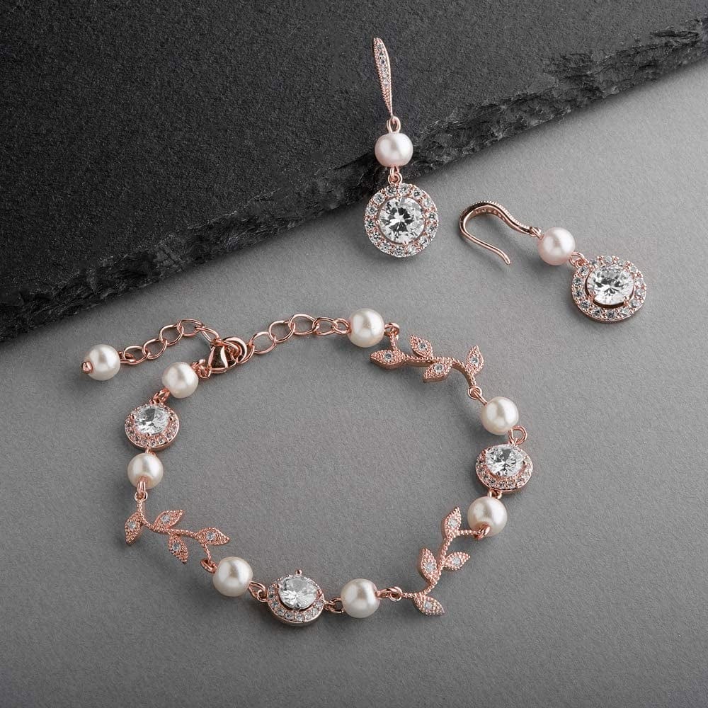 Rose Gold Vine & Ivory Pearl CZ Bridal Bracelet & Earrings Set - Wedding Jewelry for Bridesmaids