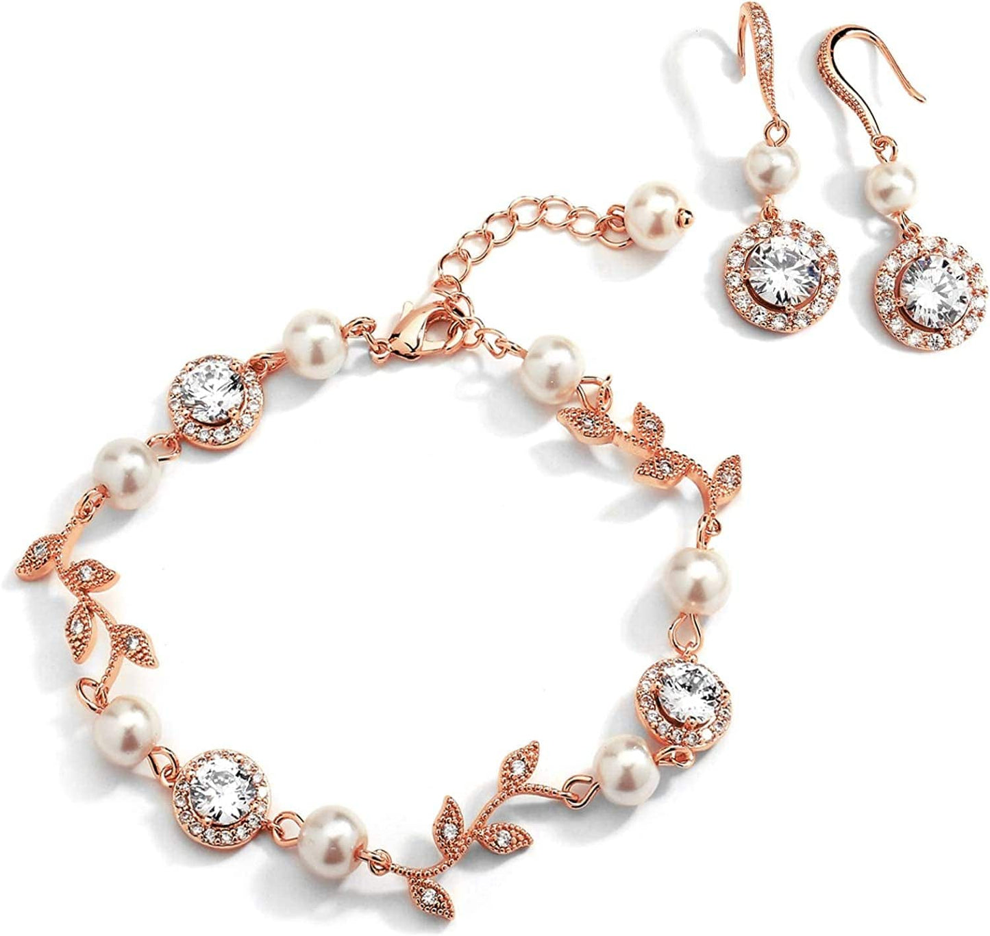 Rose Gold Vine & Ivory Pearl CZ Bridal Bracelet & Earrings Set - Wedding Jewelry for Bridesmaids