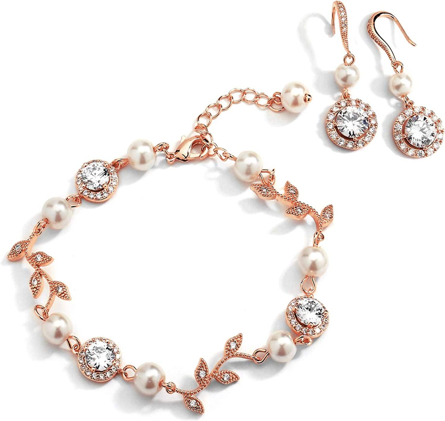 Rose Gold Vine & Ivory Pearl CZ Bridal Bracelet & Earrings Set - Wedding Jewelry for Bridesmaids