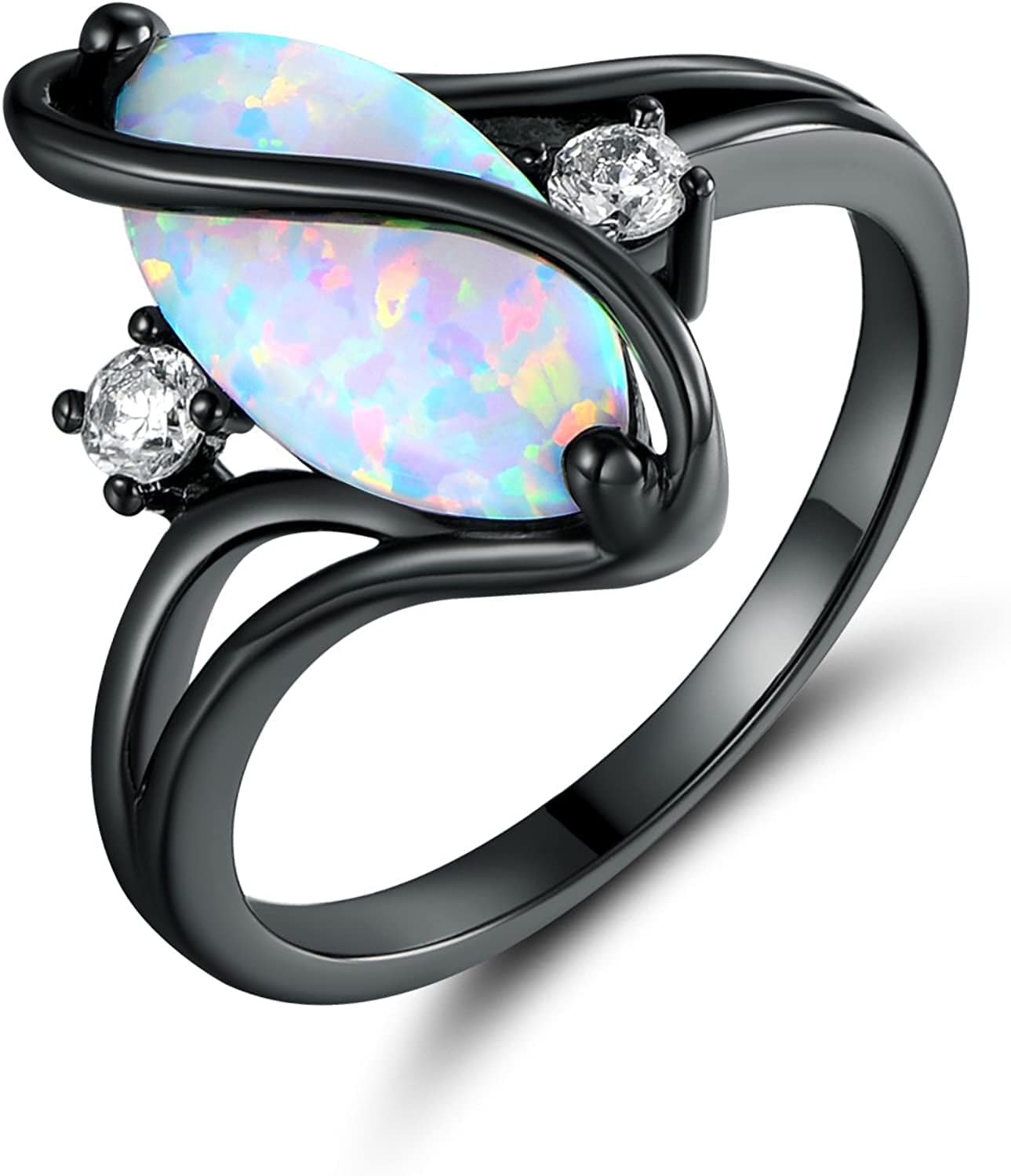 Rose Gold & White Gold Plated Created Ruby, White Fire Opal & Cubic Zirconia Accents Ring Black Rhodium Fire Opal / 7