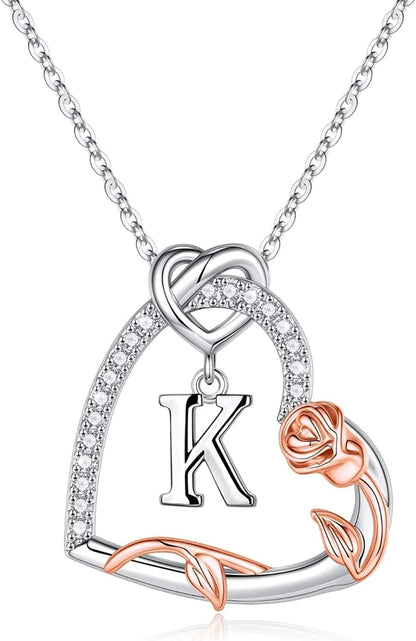 Rose Heart Initial Necklaces Gifts for Women Teen Girls, Love Heart Initial Letter Pendant Necklace Jewelry Mothers Day Valentines Christmas Birthday Gifts for Her Girlfriend Wife Mom Daughter K