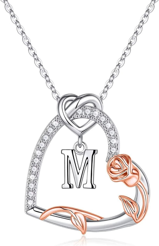 Rose Heart Initial Necklaces Gifts for Women Teen Girls, Love Heart Initial Letter Pendant Necklace Jewelry Mothers Day Valentines Christmas Birthday Gifts for Her Girlfriend Wife Mom Daughter M