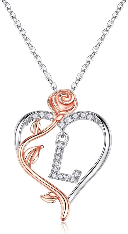 Rose Heart Initial Necklaces Gifts for Women Teen Girls, Rose Love Heart Letter Pendant Necklace Jewelry Mothers Day Valentines Anniversary Birthday Gifts for Her Women Wife Girlfriend Mom L