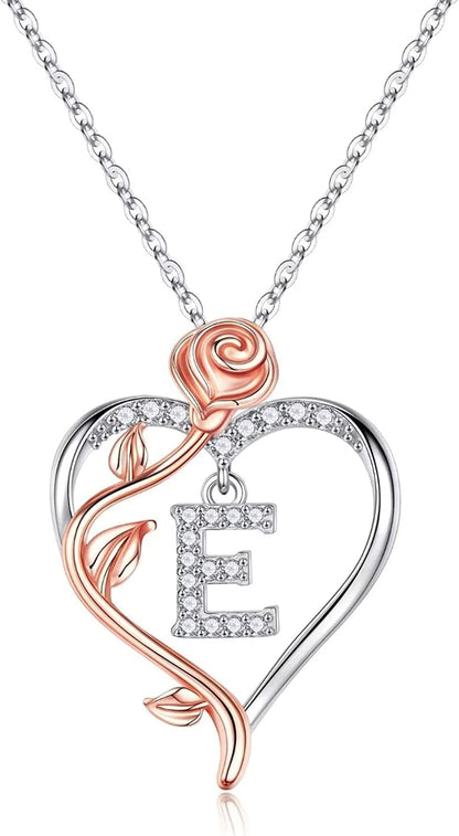 Rose Heart Initial Necklaces Gifts for Women Teen Girls, Rose Love Heart Letter Pendant Necklace Jewelry Mothers Day Valentines Anniversary Birthday Gifts for Her Women Wife Girlfriend Mom E