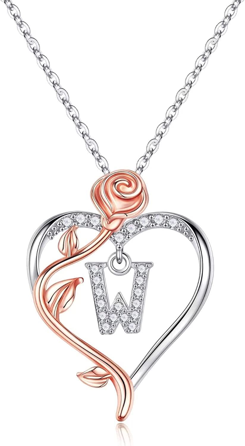 Rose Heart Initial Necklaces Gifts for Women Teen Girls, Rose Love Heart Letter Pendant Necklace Jewelry Mothers Day Valentines Anniversary Birthday Gifts for Her Women Wife Girlfriend Mom W