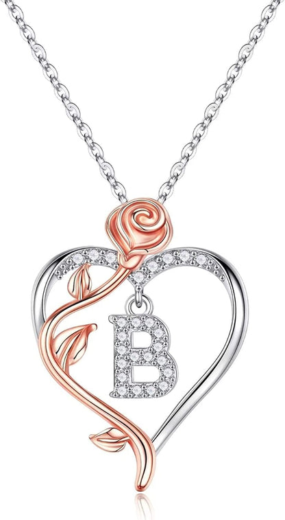 Rose Heart Initial Necklaces Gifts for Women Teen Girls, Rose Love Heart Letter Pendant Necklace Jewelry Mothers Day Valentines Anniversary Birthday Gifts for Her Women Wife Girlfriend Mom B