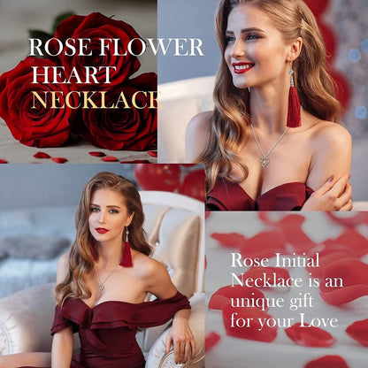 Rose Heart Initial Necklaces Gifts for Women Teen Girls, Rose Love Heart Letter Pendant Necklace Jewelry Mothers Day Valentines Anniversary Birthday Gifts for Her Women Wife Girlfriend Mom