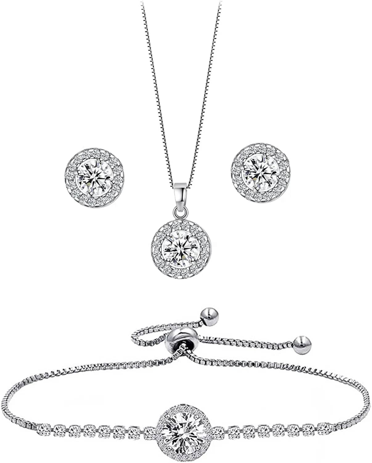 round Earrings Necklace Bracelet Jewelry Set for Women Bridal Bridesmaid Party Prom Daily Silver