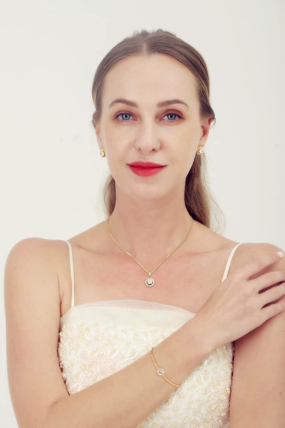 round Earrings Necklace Bracelet Jewelry Set for Women Bridal Bridesmaid Party Prom Daily