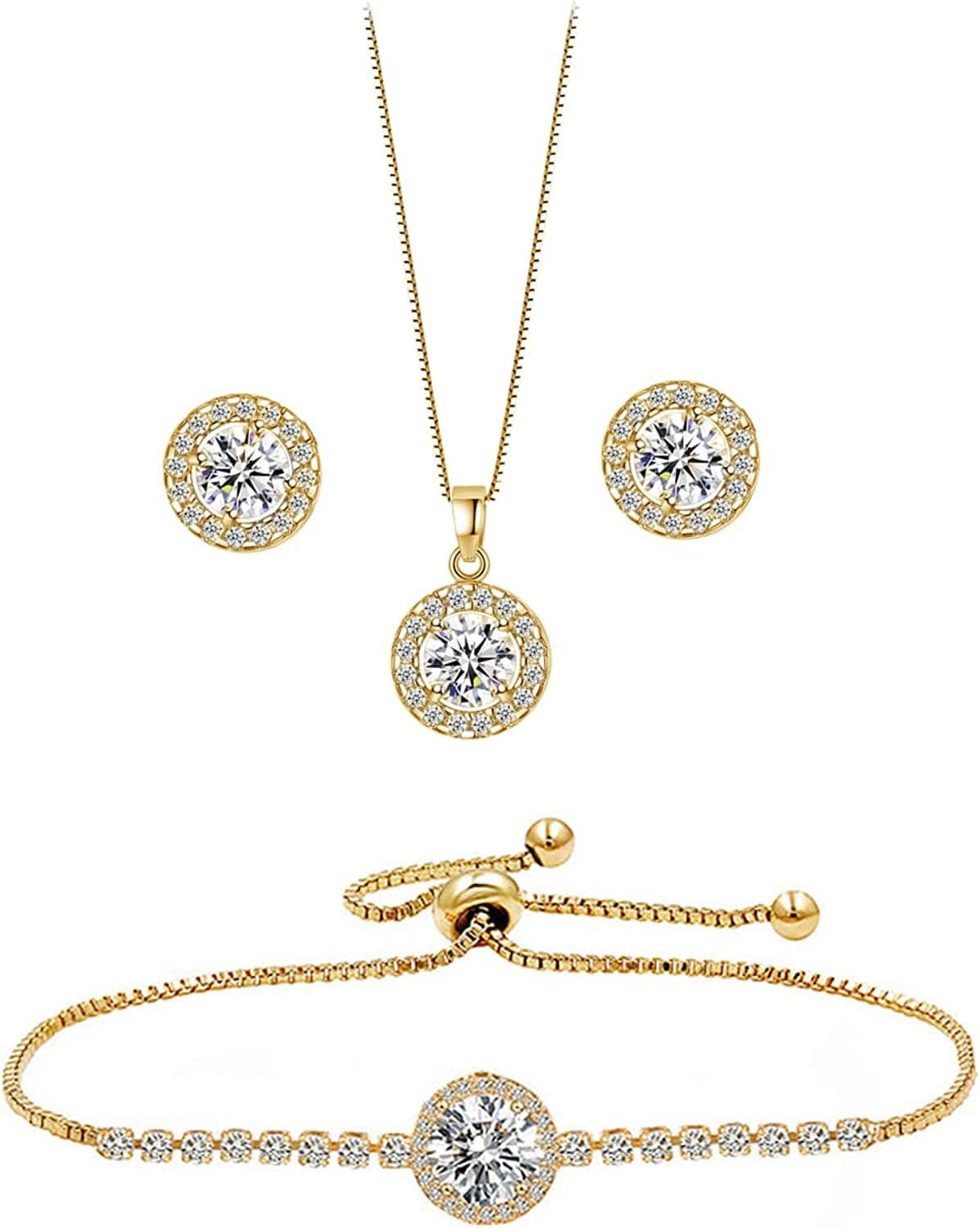 round Earrings Necklace Bracelet Jewelry Set for Women Bridal Bridesmaid Party Prom Daily Gold