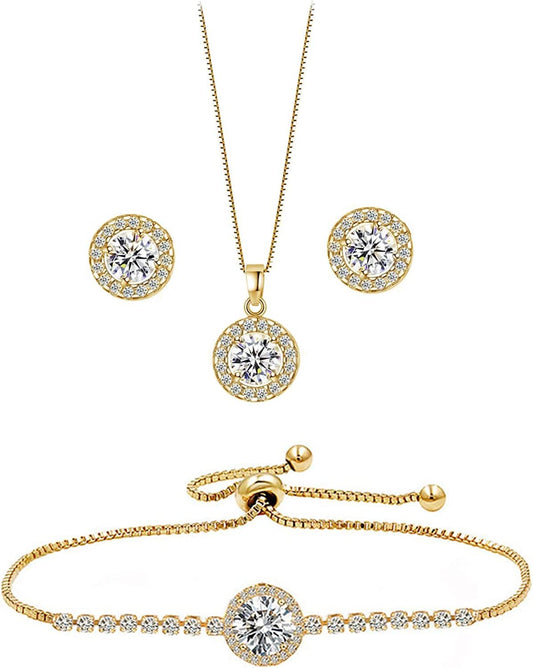 round Earrings Necklace Bracelet Jewelry Set for Women Bridal Bridesmaid Party Prom Daily Gold