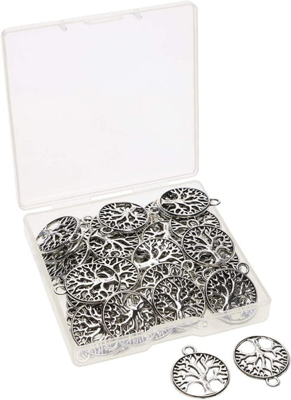 round Metal Tree of Life Charms Pendants Beads Bulk Jewelry Findings Making Accessory for DIY Craft Bracelet Necklace Earring Keychain, 50PCS (Antique Silver) Antique Silver