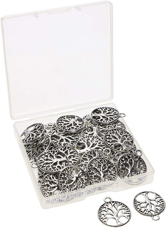 round Metal Tree of Life Charms Pendants Beads Bulk Jewelry Findings Making Accessory for DIY Craft Bracelet Necklace Earring Keychain, 50PCS (Antique Silver) Antique Silver