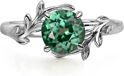 Round Shaped 7 MM Retro Gemstone Branch Statement Ring 925 Sterling Silver Birthstone Ring for Women Green Sapphire / 5.5