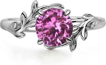 Round Shaped 7 MM Retro Gemstone Branch Statement Ring 925 Sterling Silver Birthstone Ring for Women Created Pink Sapphire / 12