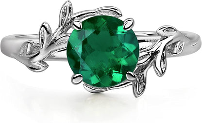 Round Shaped 7 MM Retro Gemstone Branch Statement Ring 925 Sterling Silver Birthstone Ring for Women Created Emerald / 12