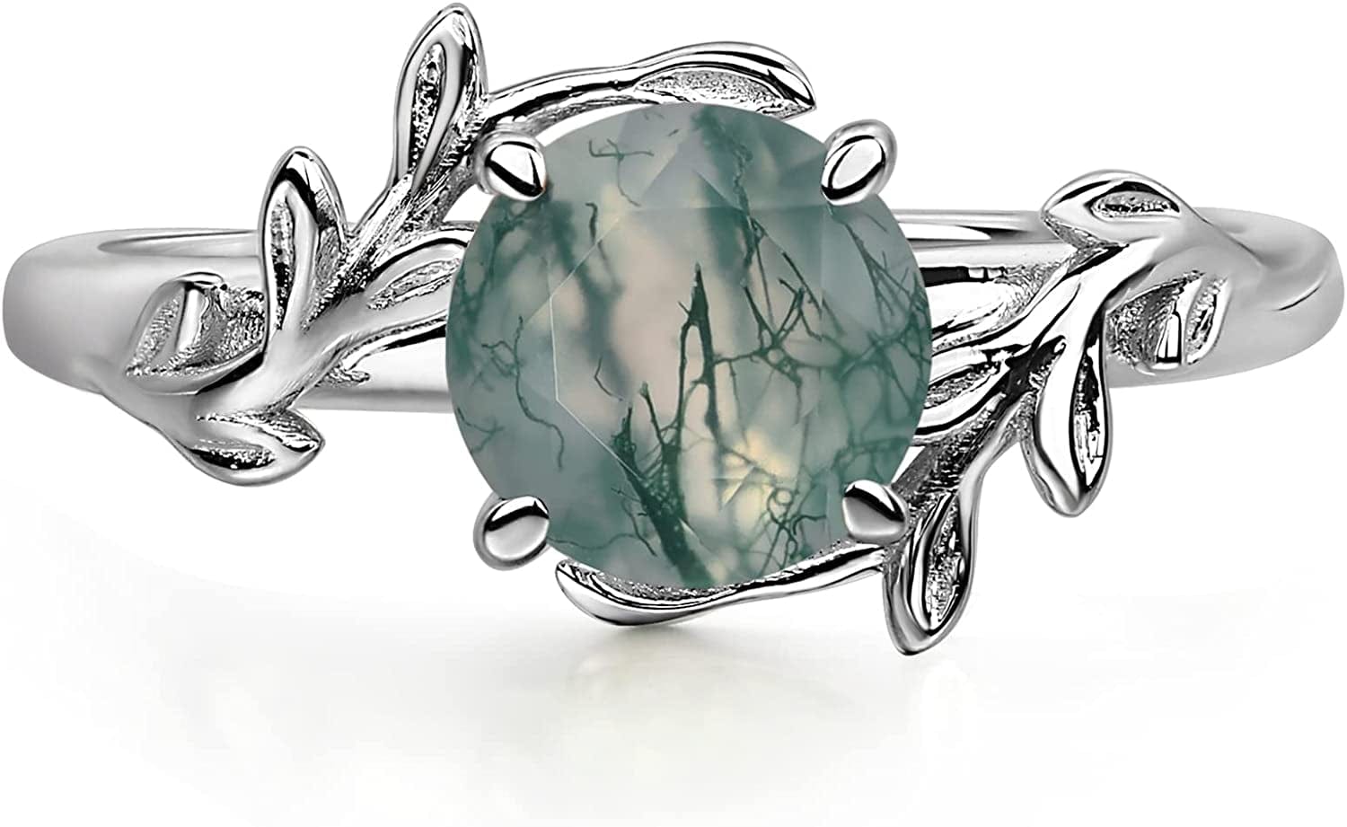 Round Shaped 7 MM Retro Gemstone Branch Statement Ring 925 Sterling Silver Birthstone Ring for Women Moss Agate / 9.5