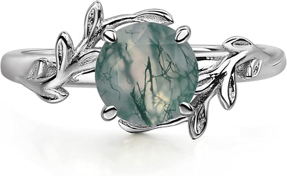 Round Shaped 7 MM Retro Gemstone Branch Statement Ring 925 Sterling Silver Birthstone Ring for Women Moss Agate / 9.5