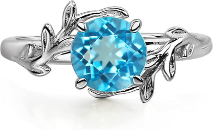 Round Shaped 7 MM Retro Gemstone Branch Statement Ring 925 Sterling Silver Birthstone Ring for Women Swiss Blue Topaz / 9
