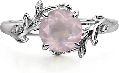 Round Shaped 7 MM Retro Gemstone Branch Statement Ring 925 Sterling Silver Birthstone Ring for Women Rose Quartz / 9.5