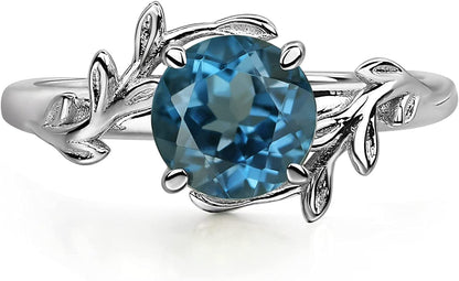 Round Shaped 7 MM Retro Gemstone Branch Statement Ring 925 Sterling Silver Birthstone Ring for Women round cut 7 mm London Blue Topaz ring bypass dark blue olive leaf leaves twig ring / 4.5