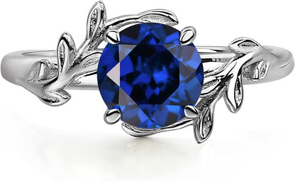 Round Shaped 7 MM Retro Gemstone Branch Statement Ring 925 Sterling Silver Birthstone Ring for Women Created Blue Sapphire / 5