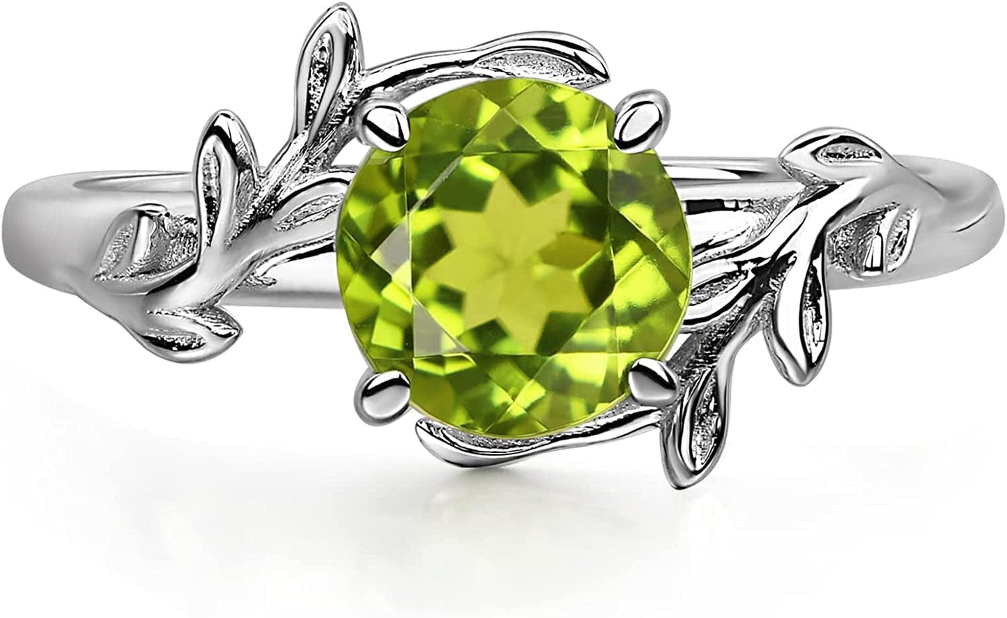 Round Shaped 7 MM Retro Gemstone Branch Statement Ring 925 Sterling Silver Birthstone Ring for Women Peridot / 8.5