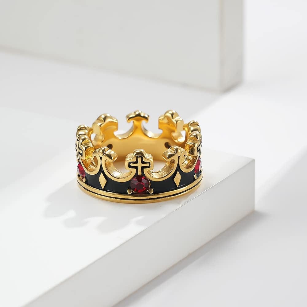 Royal King Knight Crown Ring for Men and Boys Religious Cross Chunky Stainless Steel Rings Vintage Christian Rings Wedding Band Silver Black Gold