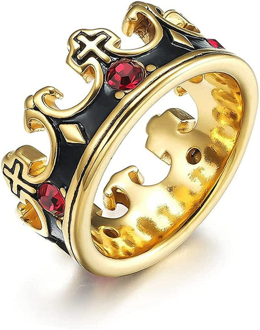 Royal King Knight Crown Ring for Men and Boys Religious Cross Chunky Stainless Steel Rings Vintage Christian Rings Wedding Band Silver Black Gold 8 / color-gold