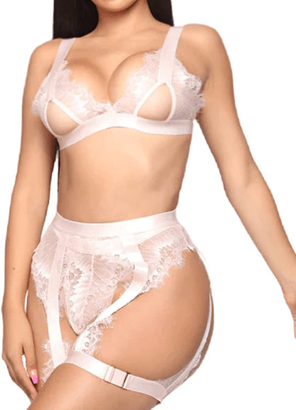 RSLOVE Women Lingerie Set with Garter Belt 3 Piece Lace Strappy Bra and Panty Set Babydoll Bodysuit White / X-Large