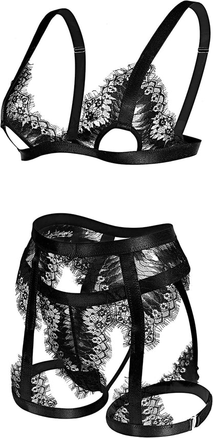 RSLOVE Women Lingerie Set with Garter Belt 3 Piece Lace Strappy Bra and Panty Set Babydoll Bodysuit