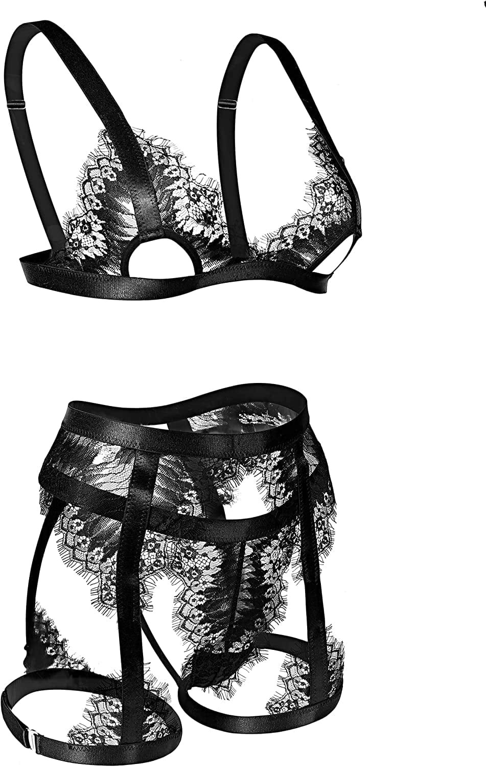 RSLOVE Women Lingerie Set with Garter Belt 3 Piece Lace Strappy Bra and Panty Set Babydoll Bodysuit