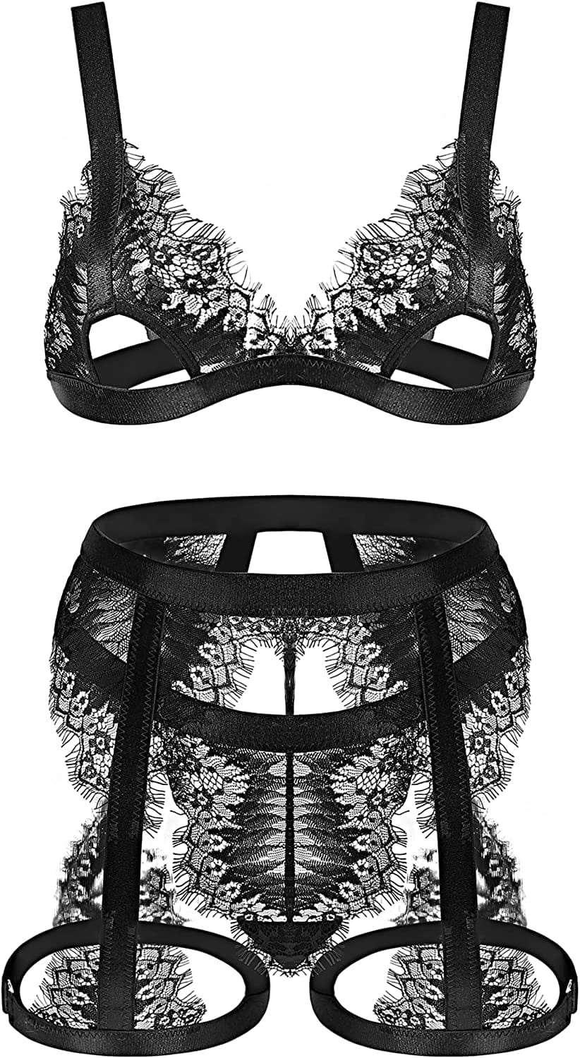 RSLOVE Women Lingerie Set with Garter Belt 3 Piece Lace Strappy Bra and Panty Set Babydoll Bodysuit Black / X-Large