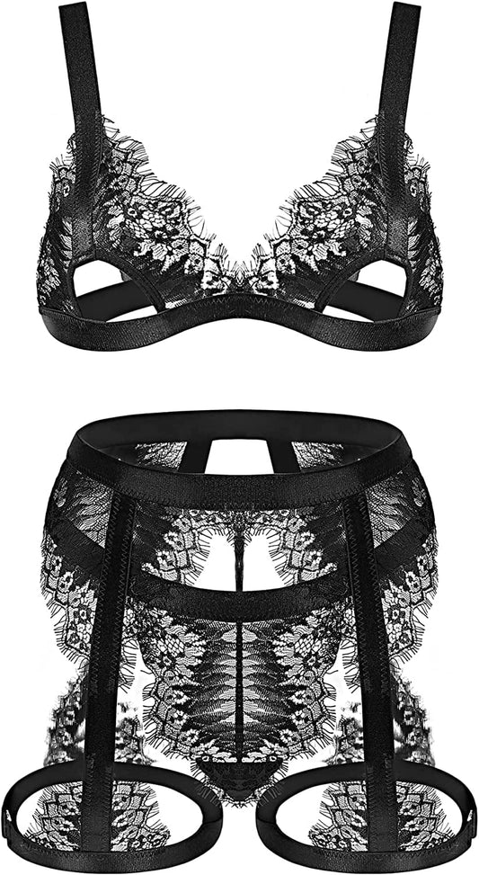 RSLOVE Women Lingerie Set with Garter Belt 3 Piece Lace Strappy Bra and Panty Set Babydoll Bodysuit Black / X-Large