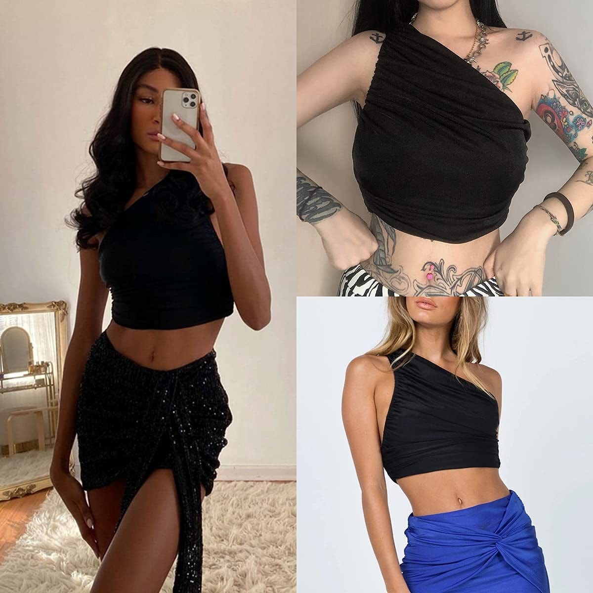 Ruched off One Shoulder Sleeveless Sexy Basic Cropped T Shirt Women Summer Cyber Y2K Crop Tank Top (Ruched Tank Black, M)