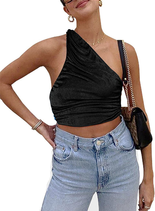 Ruched off One Shoulder Sleeveless Sexy Basic Cropped T Shirt Women Summer Cyber Y2K Crop Tank Top (Ruched Tank Black, M)