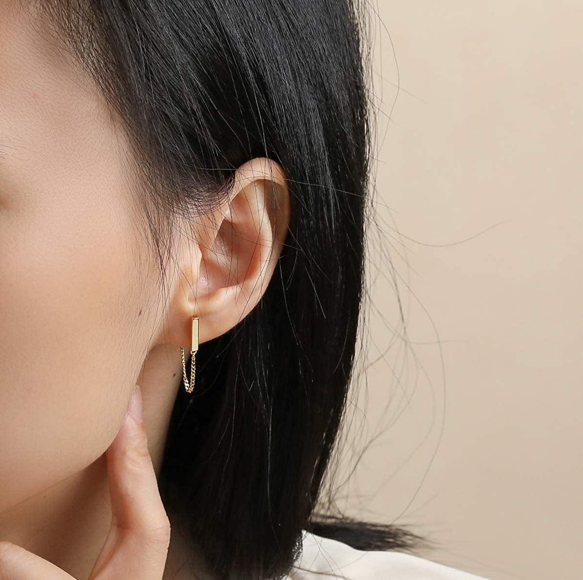 S.Leaf Chain Earrings Sterling Silver Stud Earrings Bar with Chain Dangle Earrings Gold Earrings for Women