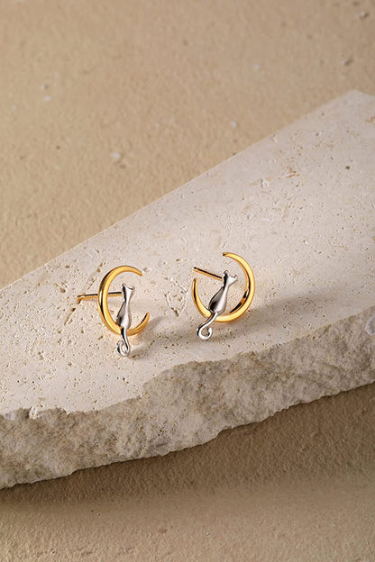 S.Leaf Sterling Silver Earrings Cat Moon Earrings Cat Lovers Gift for Women