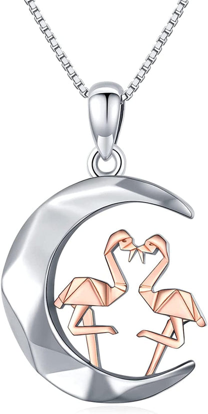 S925 Sterling Silver Bunny Rabbit/Owl/Flamingo/Panda/Unicorn Necklace Crescent Moon Pendant Cute Animal Jewelry Gifts for Women Girls Flamingo