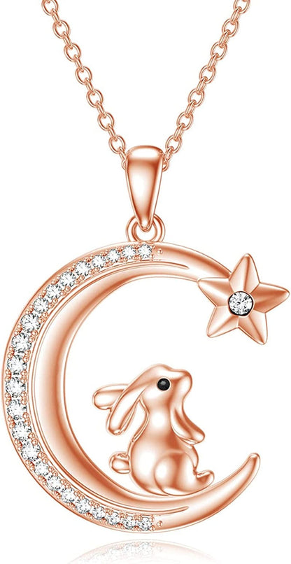 S925 Sterling Silver Bunny Rabbit/Owl/Flamingo/Panda/Unicorn Necklace Crescent Moon Pendant Cute Animal Jewelry Gifts for Women Girls Rose Gold Bunny
