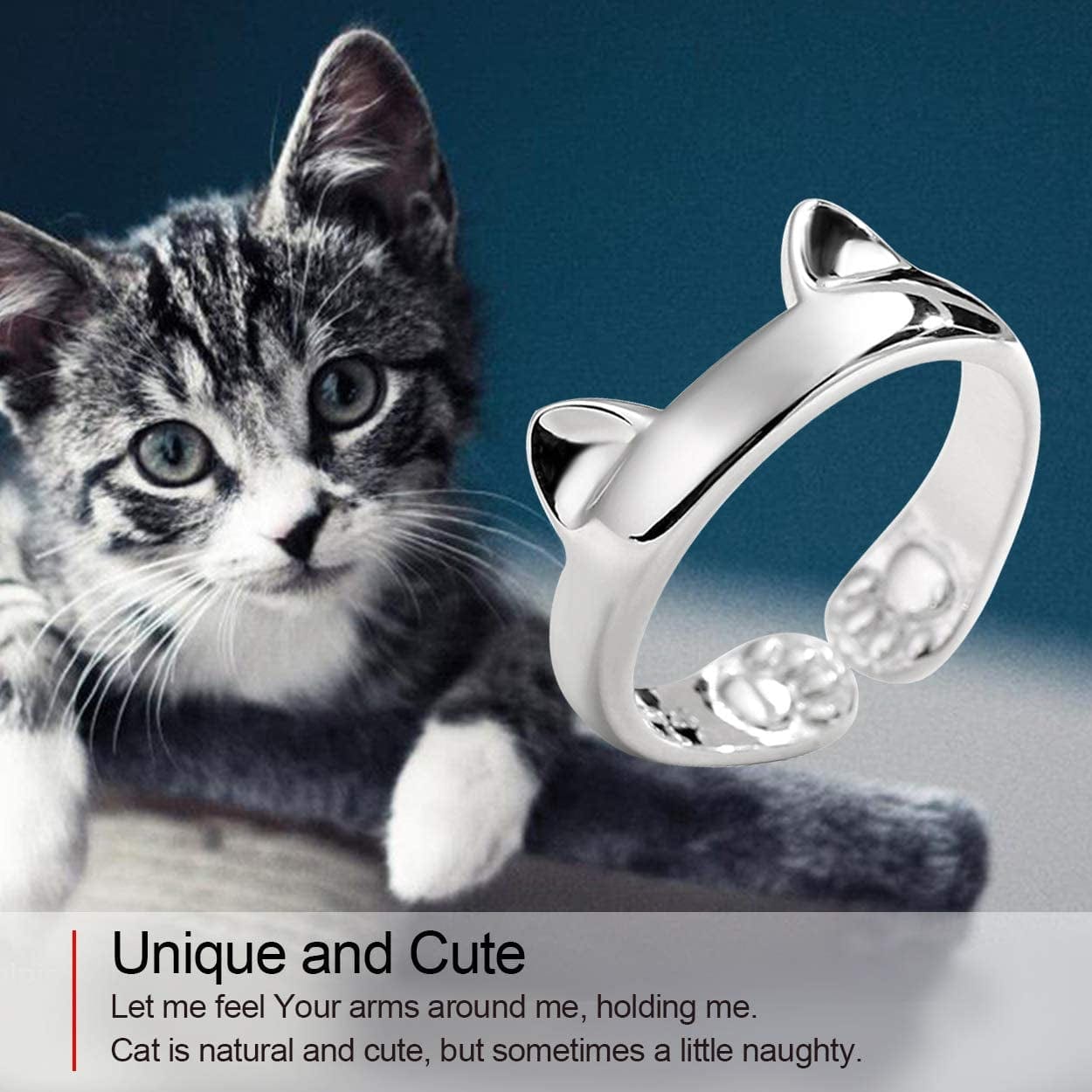 S925 Sterling Silver Cat Ears Open Tail Ring Paws Mutual Surrounded