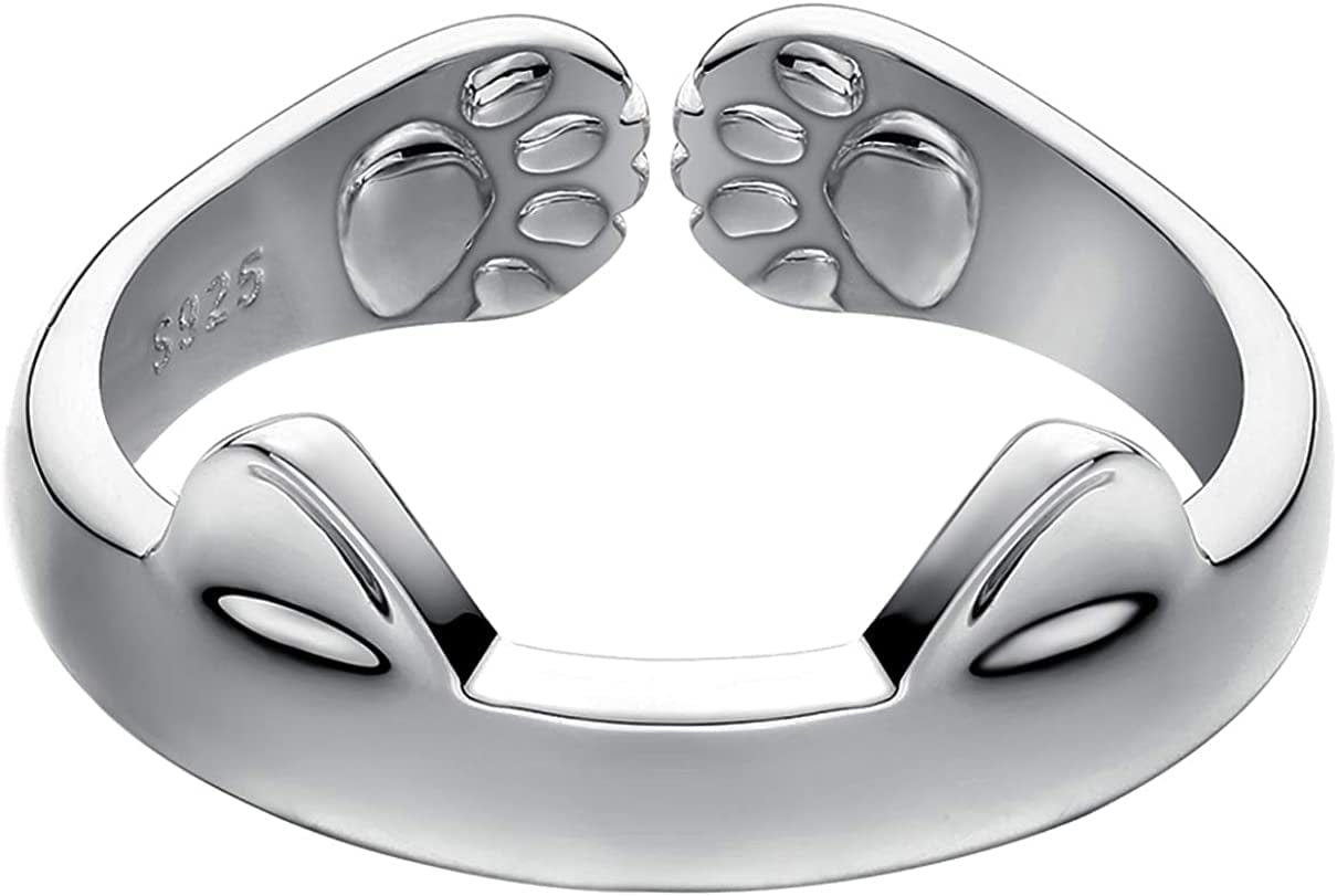 S925 Sterling Silver Cat Ears Open Tail Ring Paws Mutual Surrounded Size:9-10