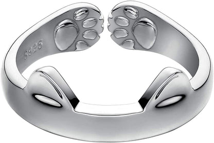 S925 Sterling Silver Cat Ears Open Tail Ring Paws Mutual Surrounded Size:9-10