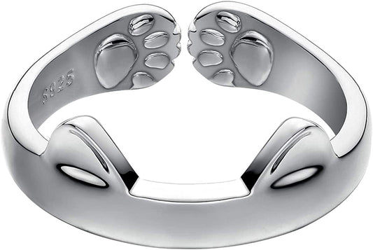 S925 Sterling Silver Cat Ears Open Tail Ring Paws Mutual Surrounded Size:9-10