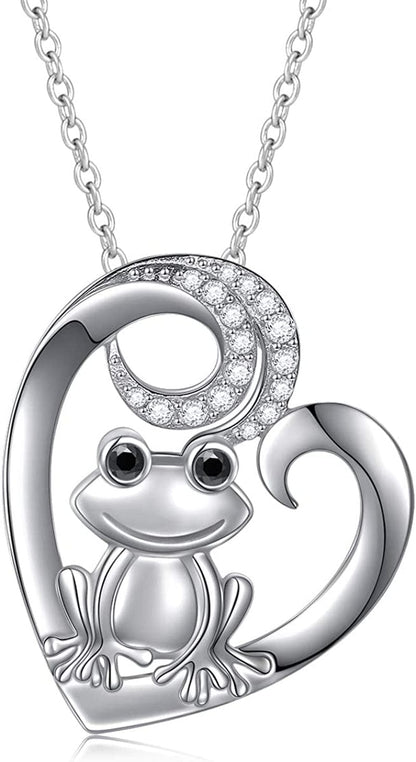 S925 Sterling Silver Frog Heart Necklace Ring Bracelet Earrings Jewelry Set for Women Girl Necklace